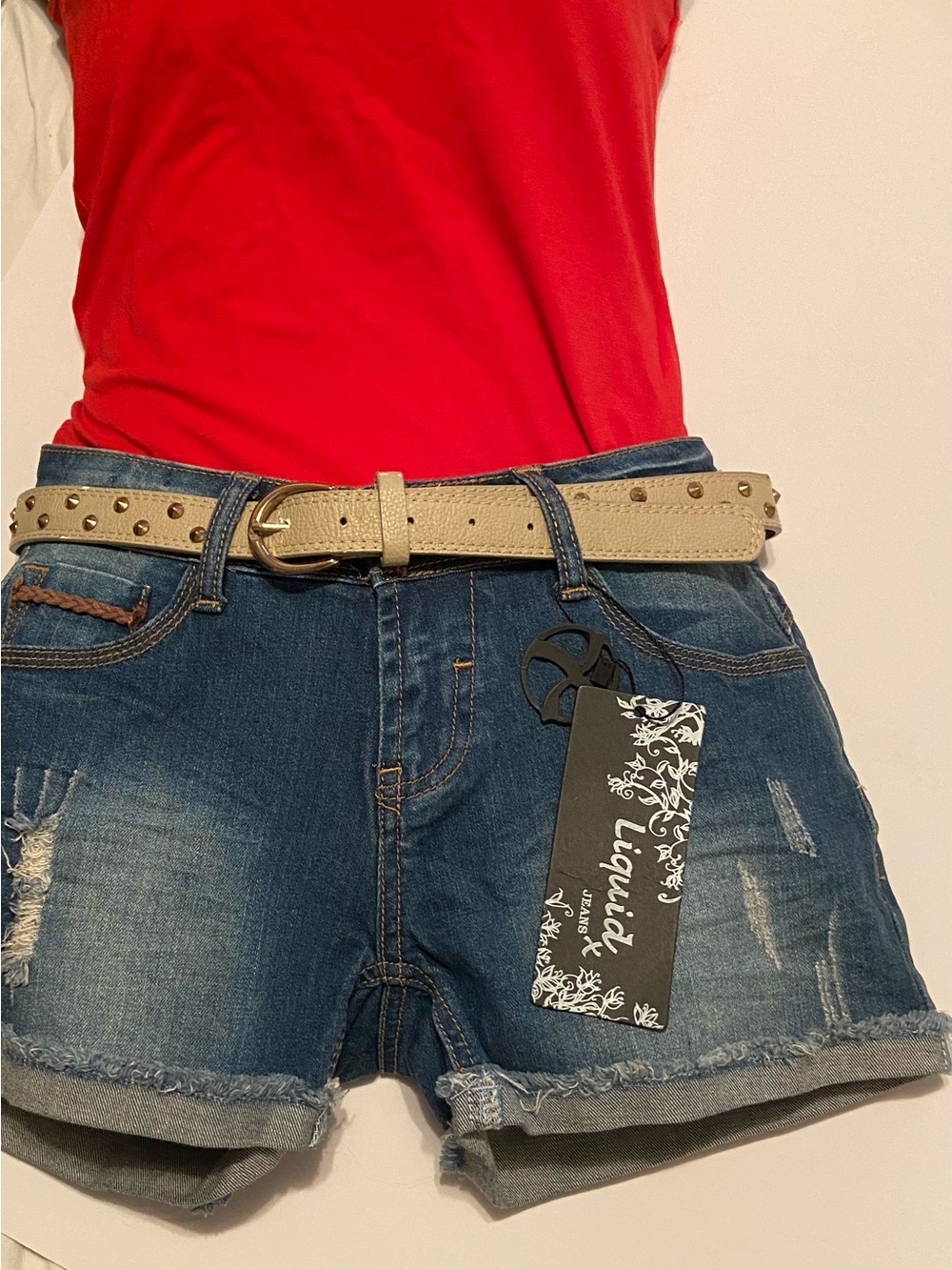NWT Liquid Jean Shorts in Blue with Beige Studded Belt